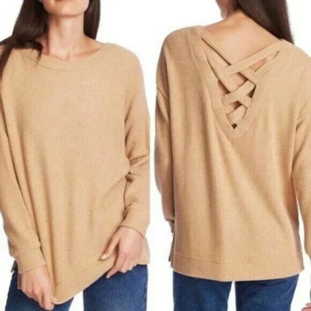 1. State Lattice V-Back Waffle Weave Sweater in Tan Size XS